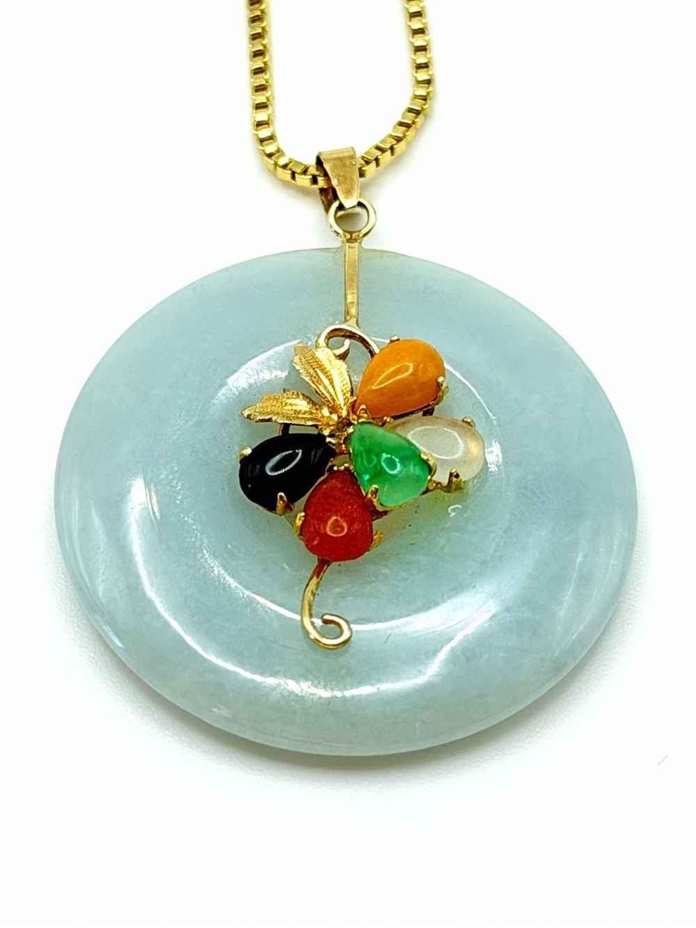 Vintage Multicolor Jade Floral w/Solid 14K Gold Disc Pendant + Bonus 19” Chain